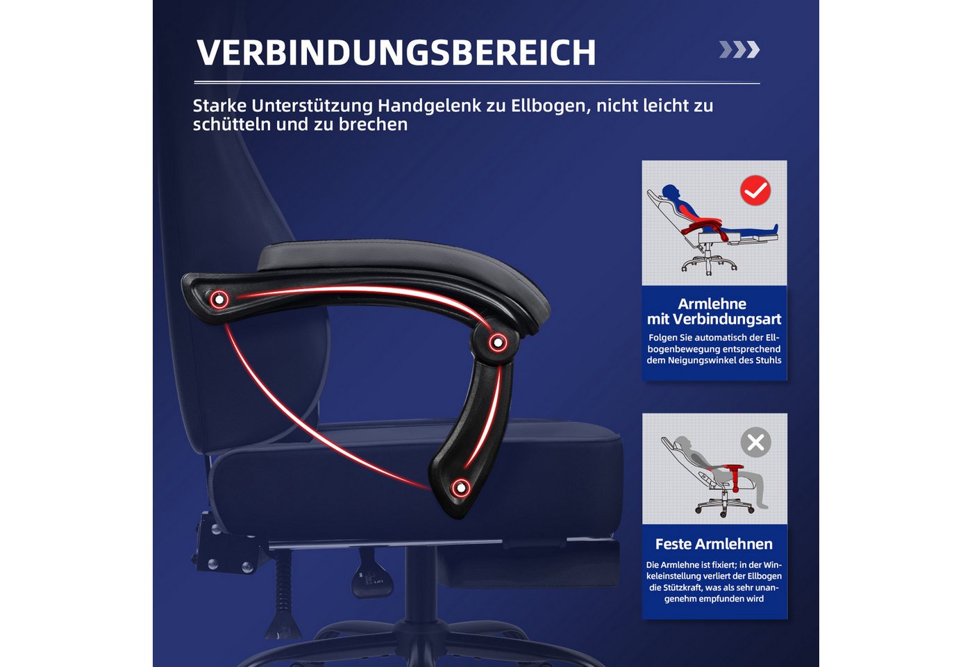 Hiazurm Gaming-Stuhl Gaming Stuhl, Bürostuhl Ergonomisch Wippfunktion bis zu 170° (Gaming Chair mit Fußstütze, 10 cm Höhenverstellung), Verstellbarem Lenden- &  – Bild 3 von 5