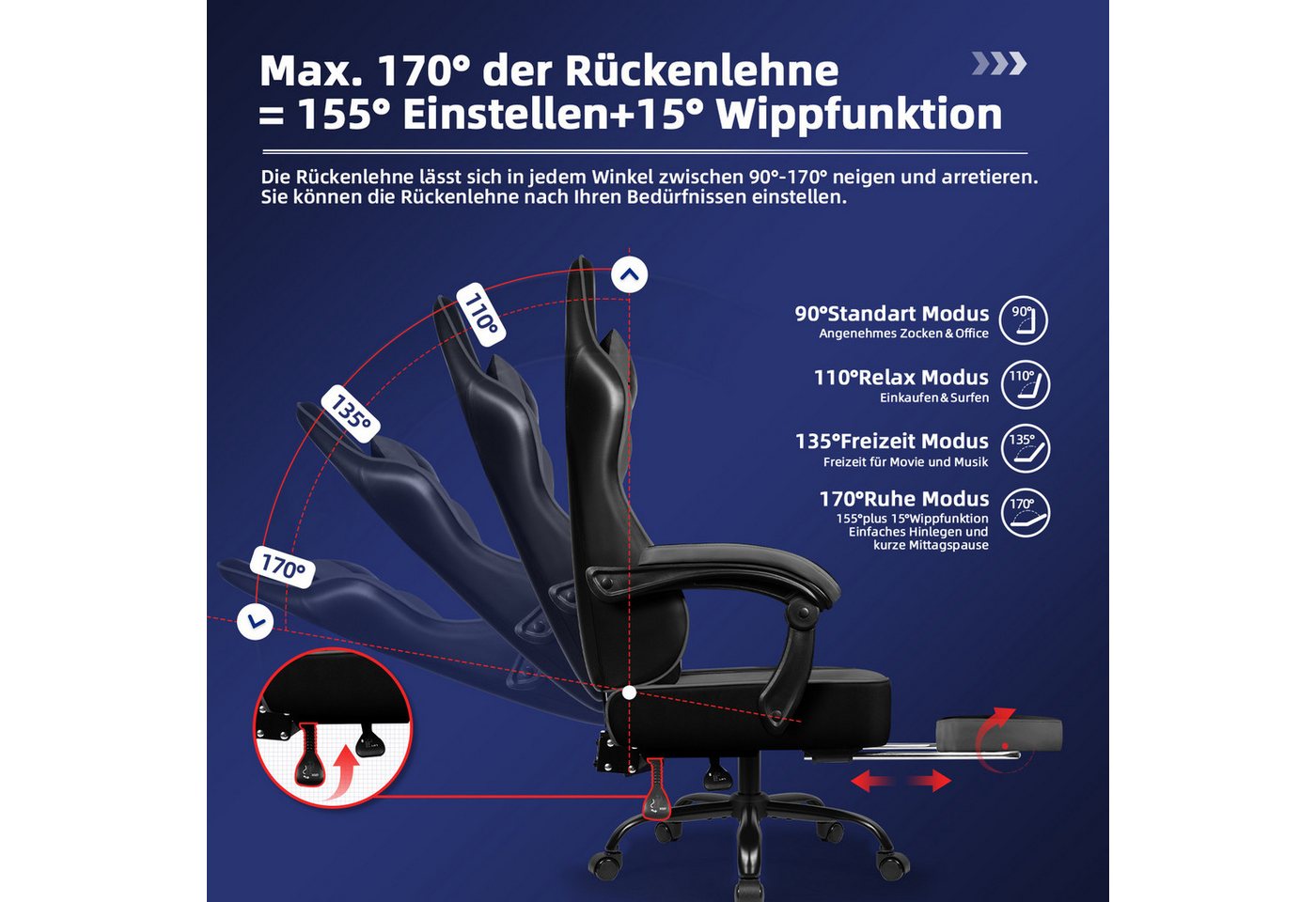 Hiazurm Gaming-Stuhl Gaming Stuhl, Bürostuhl Ergonomisch Wippfunktion bis zu 170° (Gaming Chair mit Fußstütze, 10 cm Höhenverstellung), Verstellbarem Lenden- &  – Bild 4 von 5