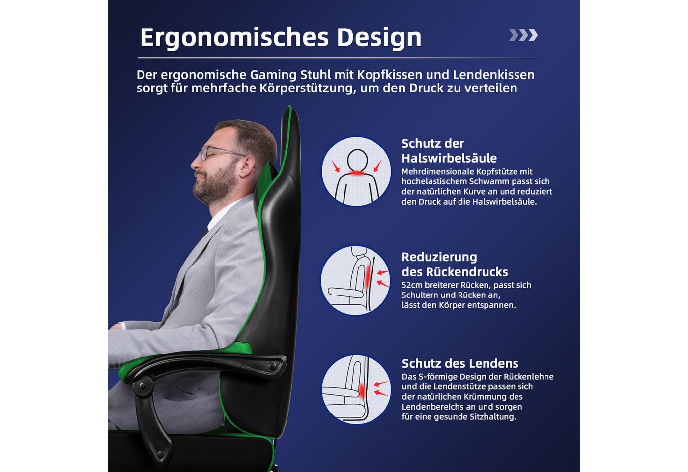 Hiazurm Gaming-Stuhl Gaming Stuhl, Bürostuhl Ergonomisch Wippfunktion bis zu 170° (Gaming Chair mit Fußstütze, 10 cm Höhenverstellung), Verstellbarem Lenden- &  – Bild 2 von 5