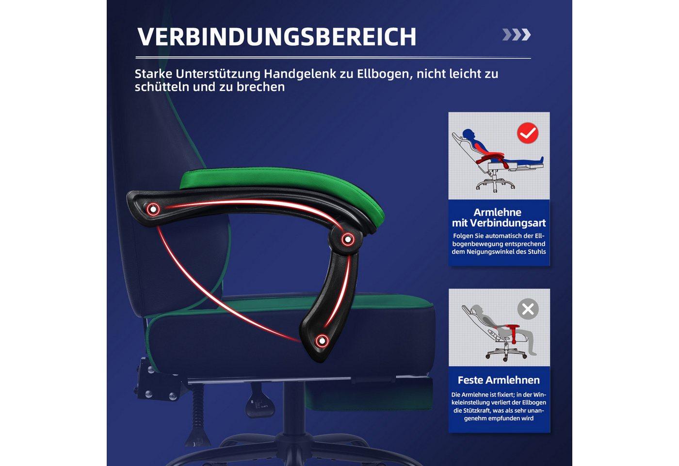 Hiazurm Gaming-Stuhl Gaming Stuhl, Bürostuhl Ergonomisch Wippfunktion bis zu 170° (Gaming Chair mit Fußstütze, 10 cm Höhenverstellung), Verstellbarem Lenden- &  – Bild 3 von 5