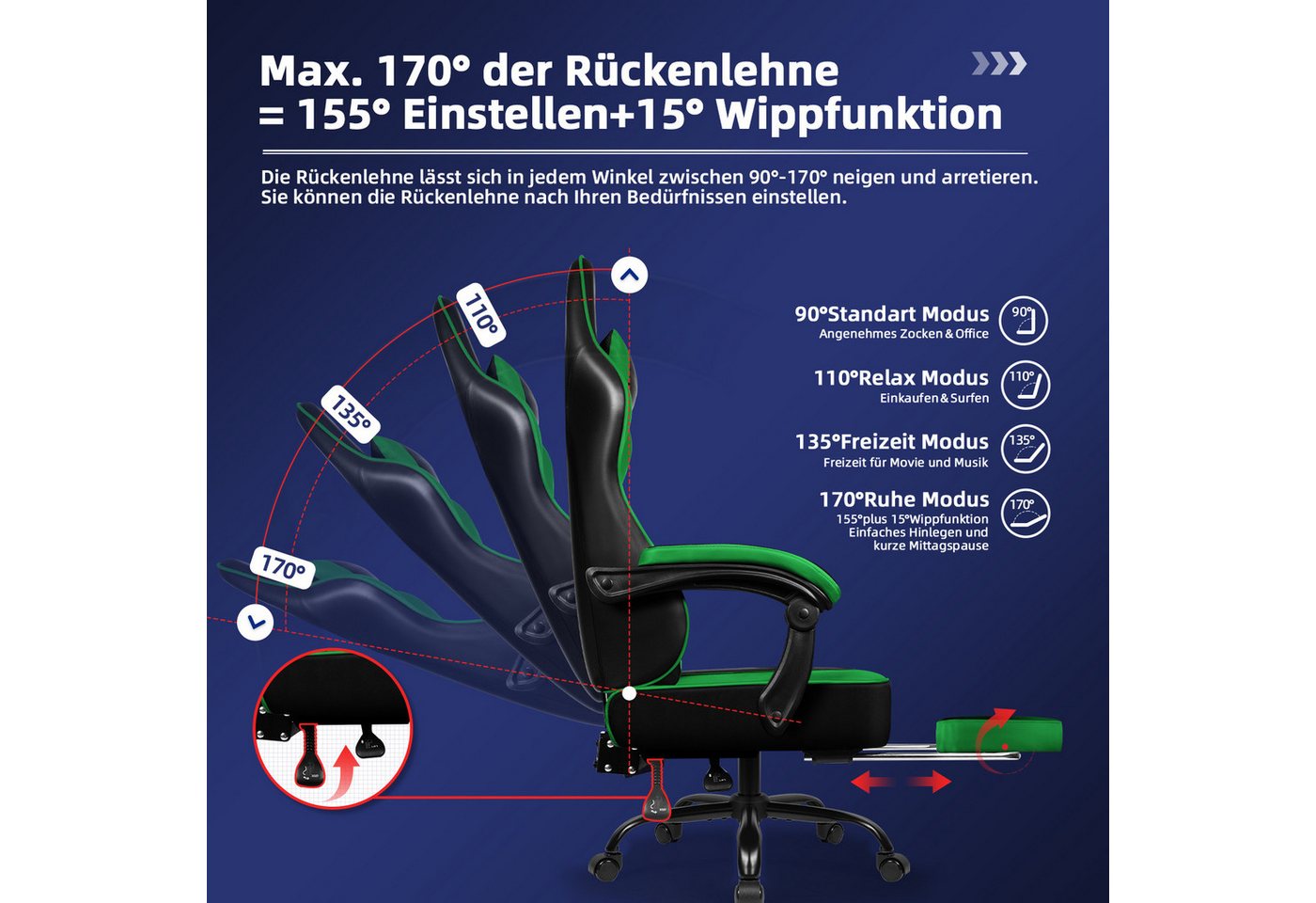 Hiazurm Gaming-Stuhl Gaming Stuhl, Bürostuhl Ergonomisch Wippfunktion bis zu 170° (Gaming Chair mit Fußstütze, 10 cm Höhenverstellung), Verstellbarem Lenden- &  – Bild 4 von 5