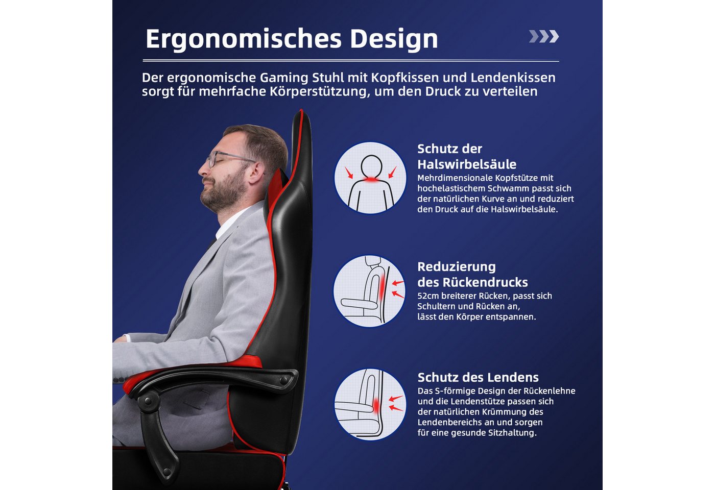 Hiazurm Gaming-Stuhl Gaming Stuhl, Bürostuhl Ergonomisch Wippfunktion bis zu 170° (Gaming Chair mit Fußstütze, 10 cm Höhenverstellung), Verstellbarem Lenden- &  – Bild 2 von 5