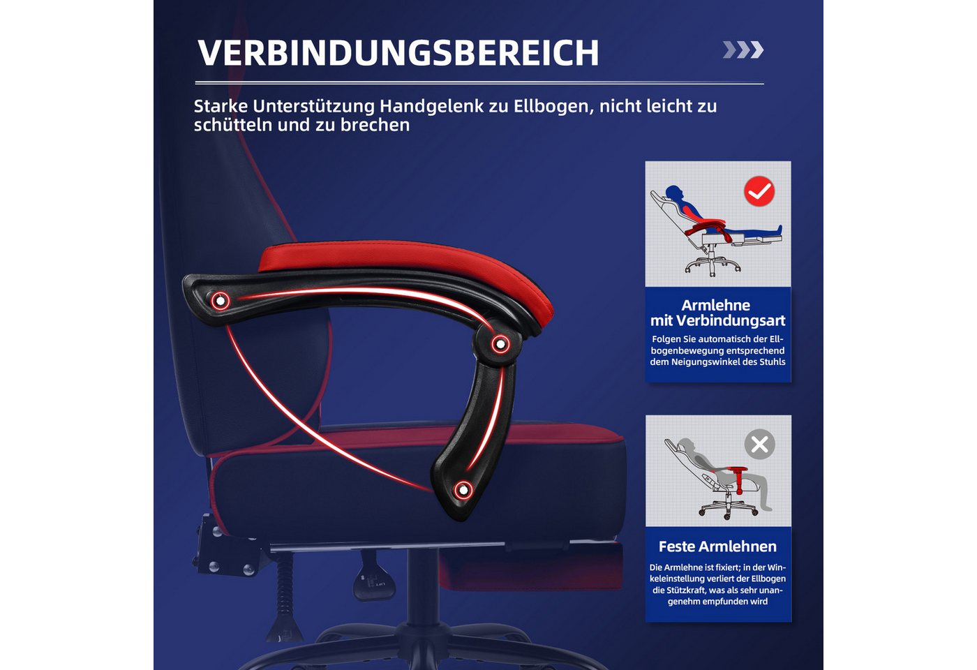Hiazurm Gaming-Stuhl Gaming Stuhl, Bürostuhl Ergonomisch Wippfunktion bis zu 170° (Gaming Chair mit Fußstütze, 10 cm Höhenverstellung), Verstellbarem Lenden- &  – Bild 4 von 5