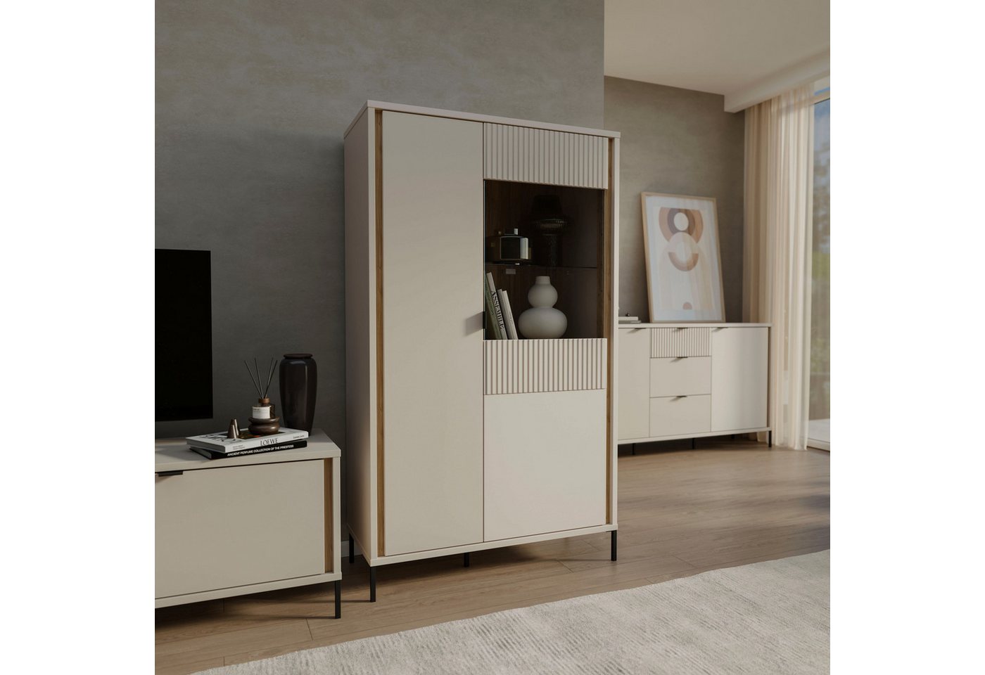 FORTE Highboard Forte Seravel Highboard, Kashmir Beige/Mauvella Eiche opt. Beleuchtung, B/H/T 94,1/160,8/41,5 viel Stauraum, Lamellenoptik – Bild 2 von 5