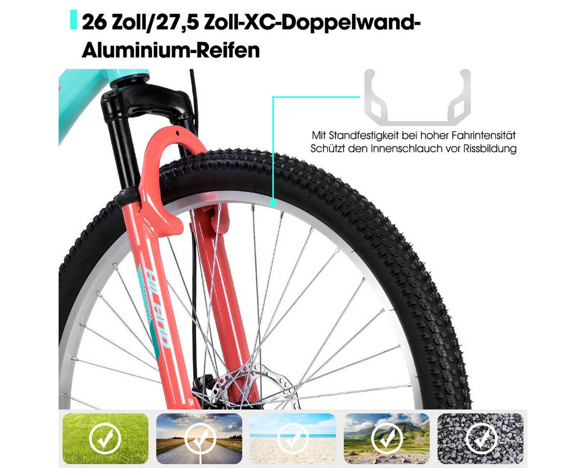 HILAND Mountainbike 26/27,5 Zoll Leichtgewichtiges bike für Frauen Ideal für alle Terrains, 18-Gang mit Lock-Out-Federgabel Dual-Scheibenbremsen, Aluminium-Rahm – Bild 3 von 5