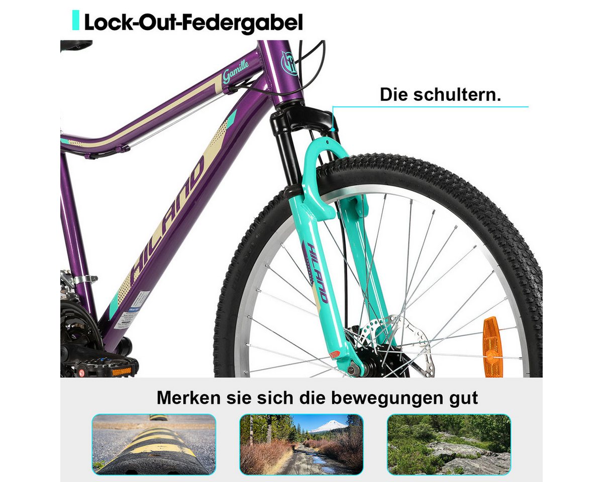 HILAND Mountainbike 26/27,5 Zoll Fahrrad für Erwachsene, MTB für Männer und Frauen, Mit Aluminium Rahmen, 18 Gang,Doppelscheibenbremse Federgabel – Bild 3 von 5
