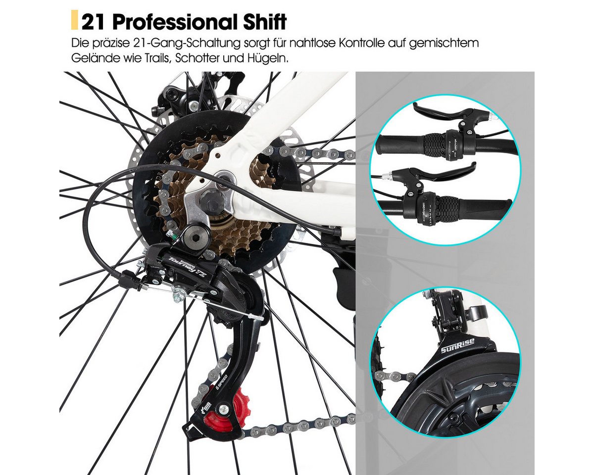 HILAND Mountainbike 26 27,5 Zoll Geländefähiges Fahrrad für Männer und Frauen, Aluminiumrahmen, 21-Gang, mechanischen Scheibenbremsen und Federgabel – Bild 4 von 5