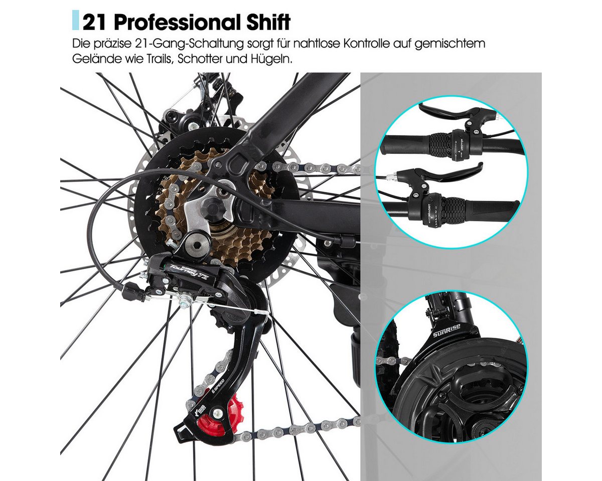 HILAND Mountainbike 26 27,5 Zoll Geländefähiges Fahrrad für Männer und Frauen, Aluminiumrahmen, 21-Gang, mechanischen Scheibenbremsen und Federgabel – Bild 4 von 5