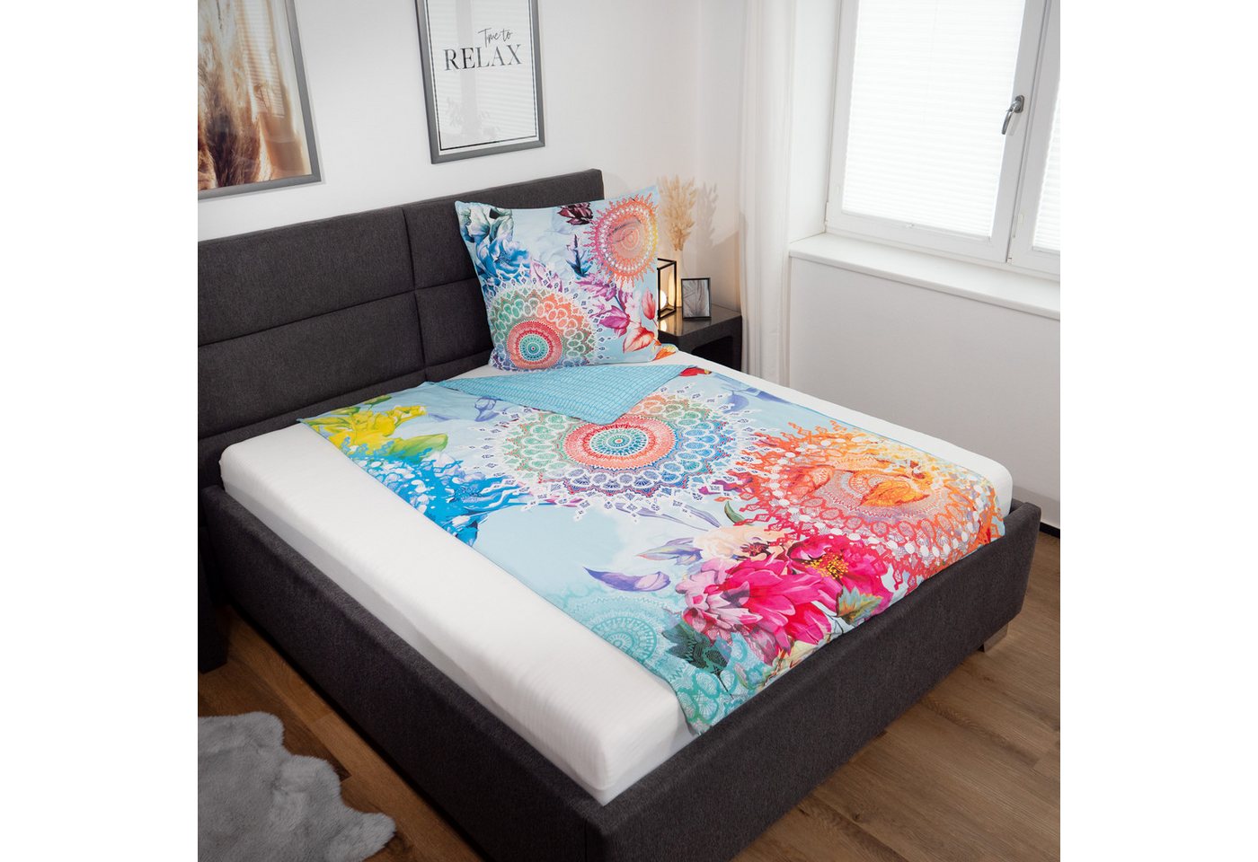 hip Bettwäsche Baumwolle, Renforcé, 2 teilig, farbenfrohe Mandalas, blauer Hintergrund – Bild 2 von 5