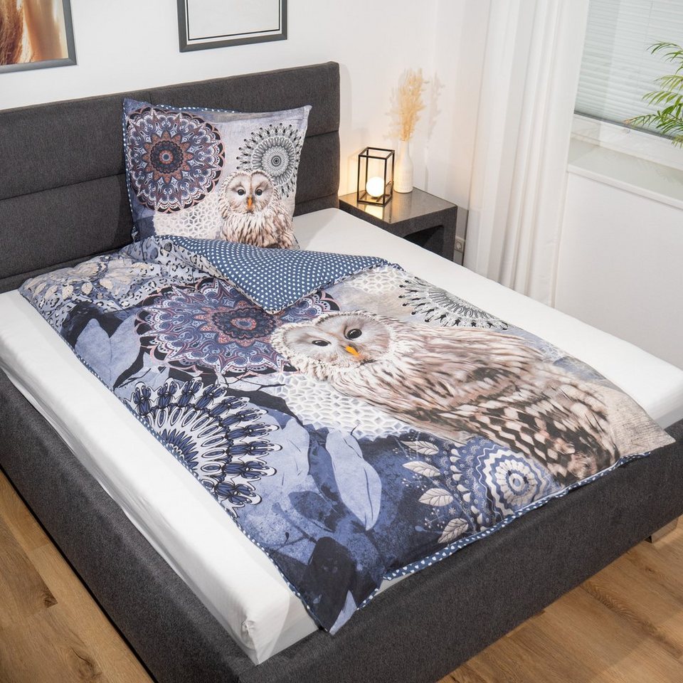 hip Bettwäsche Baumwolle, Renforcé, 2 teilig, blaue Mandalas mit Eule – Bild 2 von 5