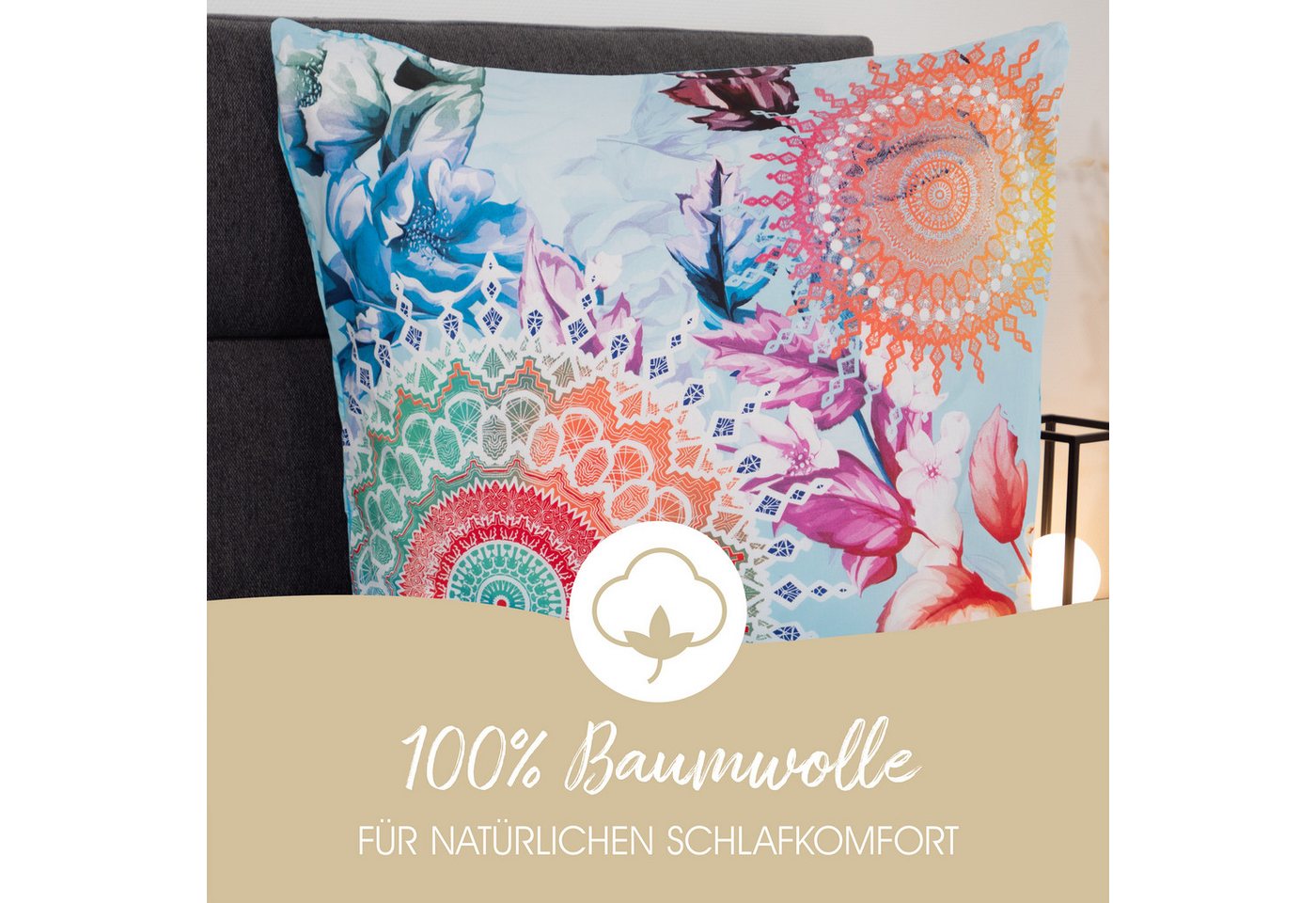 hip Bettwäsche Baumwolle, Renforcé, 2 teilig, farbenfrohe Mandalas, blauer Hintergrund – Bild 3 von 5
