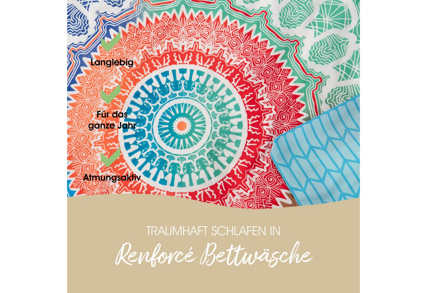 hip Bettwäsche Baumwolle, Renforcé, 2 teilig, farbenfrohe Mandalas, blauer Hintergrund – Bild 4 von 5