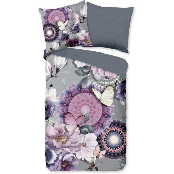 hip Bettwäsche Baumwolle, Renforcé, 2 teilig, lila Mandalas mit Blumen und Schmetterlingen, grau