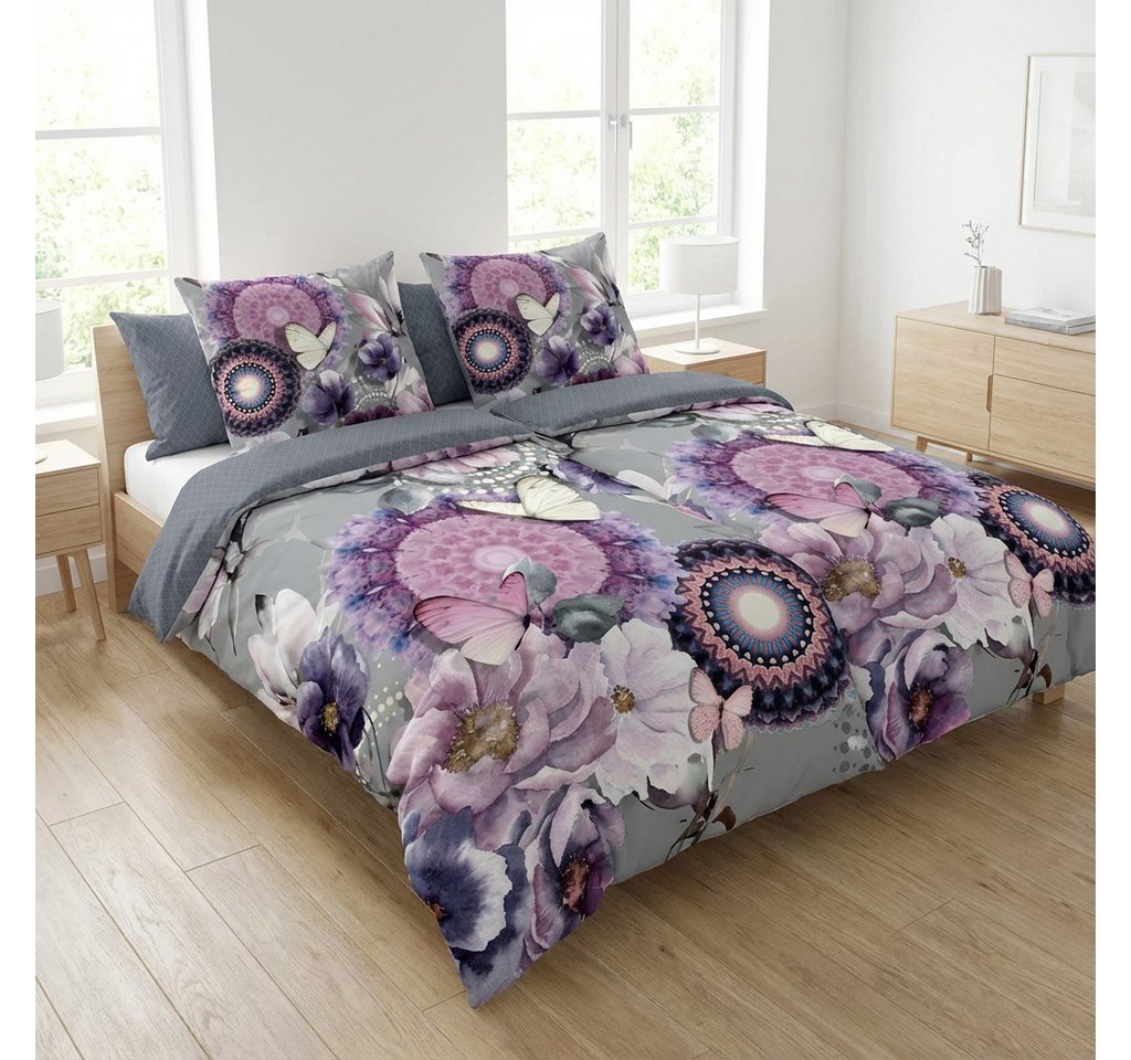 hip Bettwäsche Baumwolle, Renforcé, 2 teilig, lila Mandalas mit Blumen und Schmetterlingen, grau – Bild 2 von 3