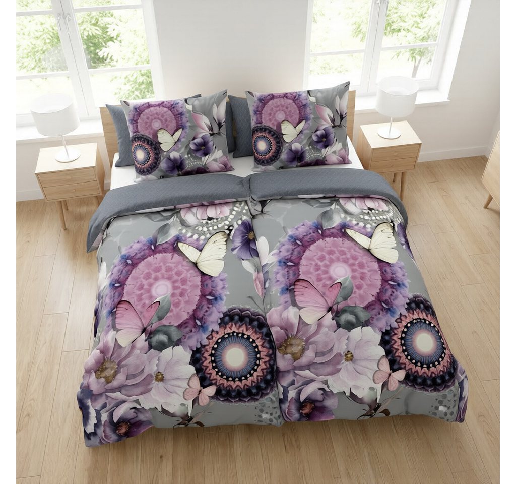 hip Bettwäsche Baumwolle, Renforcé, 2 teilig, lila Mandalas mit Blumen und Schmetterlingen, grau – Bild 3 von 3