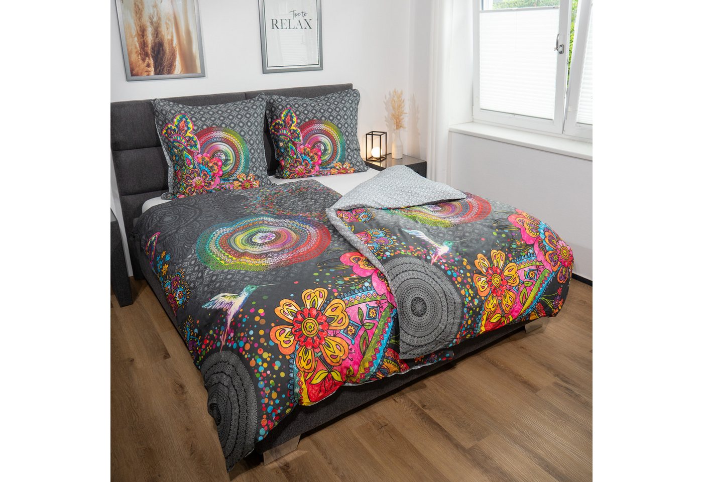 hip Bettwäsche Baumwolle, Renforcé, 2 teilig, bunte Mandalas auf grauem Hintergrund – Bild 2 von 5