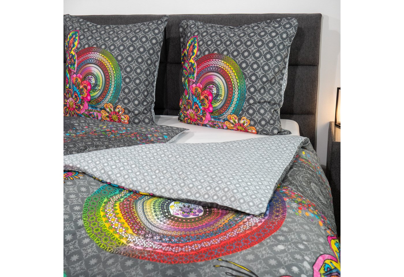 hip Bettwäsche Baumwolle, Renforcé, 2 teilig, bunte Mandalas auf grauem Hintergrund – Bild 3 von 5