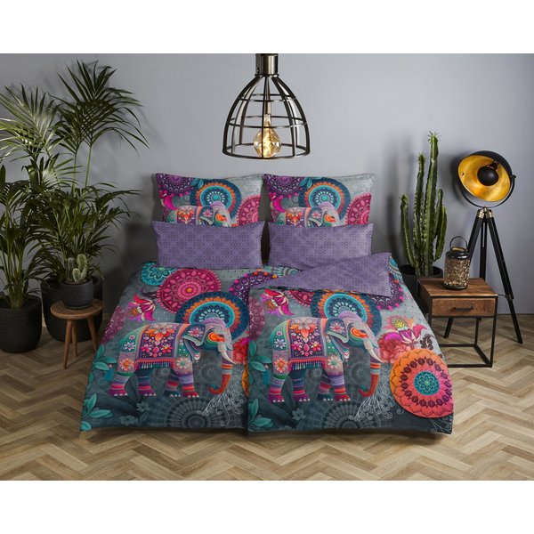 hip Wendebettwäsche Abhay, Satin, 2 teilig, Satin, Reißverschluss, Wendeoptik, Mandala, Elefant, Violett