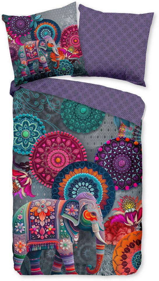 hip Wendebettwäsche Abhay, Satin, 2 teilig, Satin, Reißverschluss, Wendeoptik, Mandala, Elefant, Violett – Bild 2 von 5