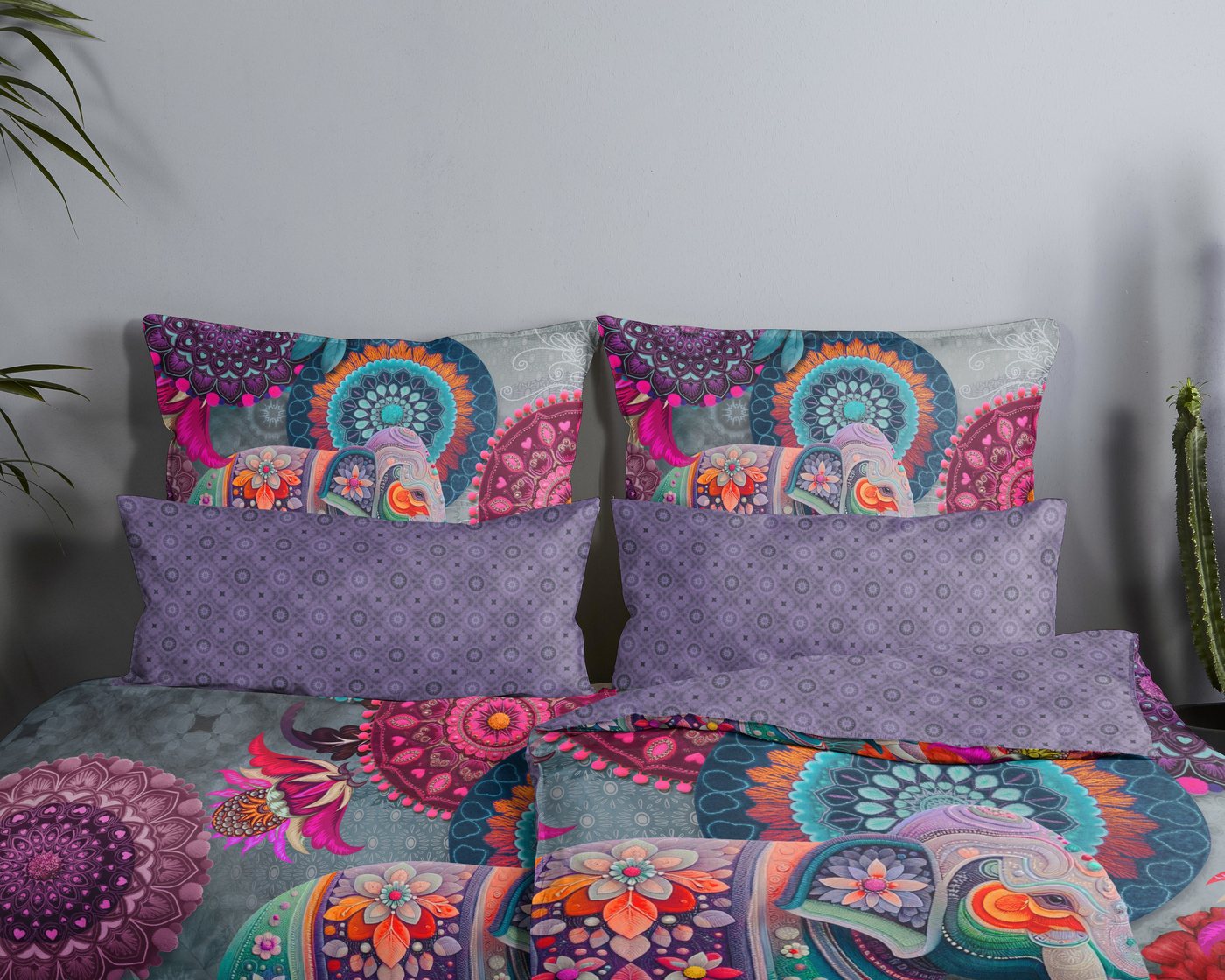 hip Wendebettwäsche Abhay, Satin, 2 teilig, Satin, Reißverschluss, Wendeoptik, Mandala, Elefant, Violett – Bild 3 von 5