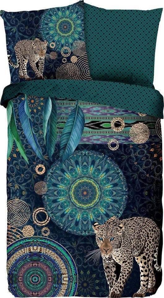 hip Wendebettwäsche Imena, Satin, 2 teilig, Mako-Satin, 155x220, Reißverschluss, Wende, Mandala, Leopard, Petrol – Bild 2 von 5