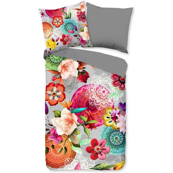 hip Wendebettwäsche Isarea, Biber, Flanell, 2 teilig, Flanell, Biber, Winter, Warm, Wendeoptik, Mandala, Blumen, Grau, Bunt