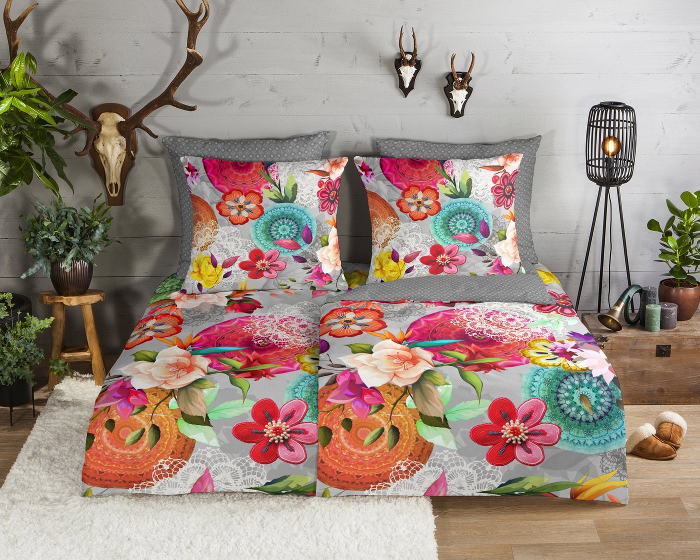 hip Wendebettwäsche Isarea, Biber, Flanell, 2 teilig, Flanell, Biber, Winter, Warm, Wendeoptik, Mandala, Blumen, Grau, Bunt – Bild 2 von 4