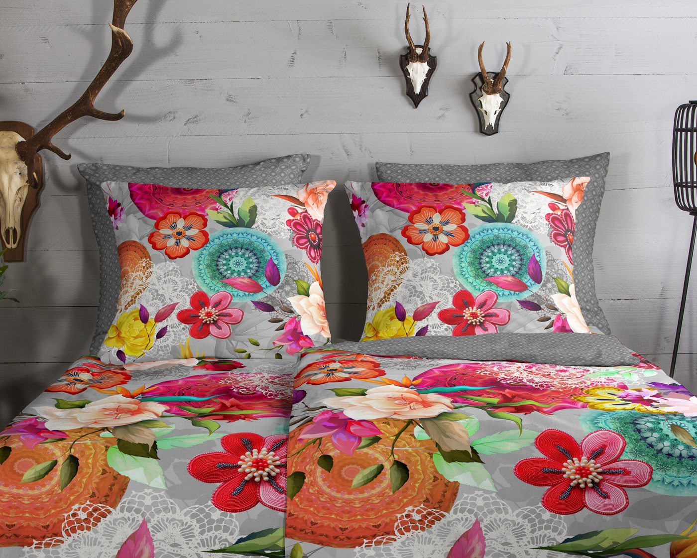 hip Wendebettwäsche Isarea, Biber, Flanell, 2 teilig, Flanell, Biber, Winter, Warm, Wendeoptik, Mandala, Blumen, Grau, Bunt – Bild 3 von 4