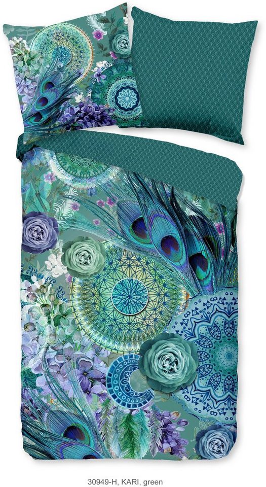 hip Wendebettwäsche Kari, Satin, 2 teilig, Mako-Satin, 135x200, Reißverschluss, Wendeoptik, Mandala, Federn, Grün – Bild 2 von 5