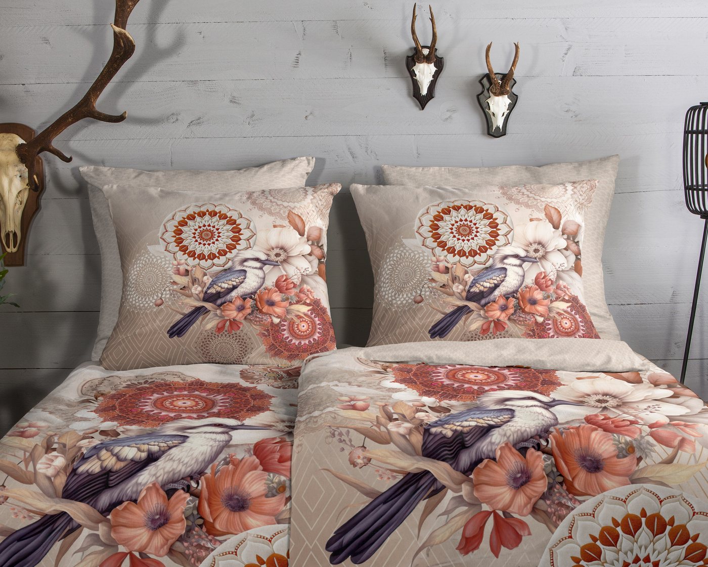 hip Wendebettwäsche Luigio, Biber, Flanell, 2 teilig, Flanell, Biber, Winter, Warm, Reißverschluss, Wende, Mandala, Vogel – Bild 3 von 5