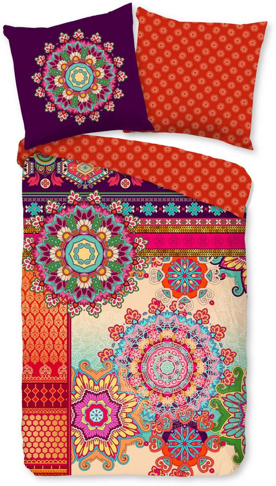 hip Wendebettwäsche Sherhia, Satin, 3 teilig, Satin, Reißverschluss, Wendeoptik, Mandala, Orange, Lila – Bild 2 von 5
