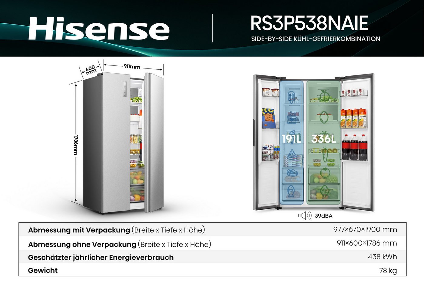 Hisense Side-by-Side RS3P538NAIE, 178,6 cm hoch, 91,1 cm breit, einfacher Side by Side mit Premium-Ausstattung – Bild 3 von 5