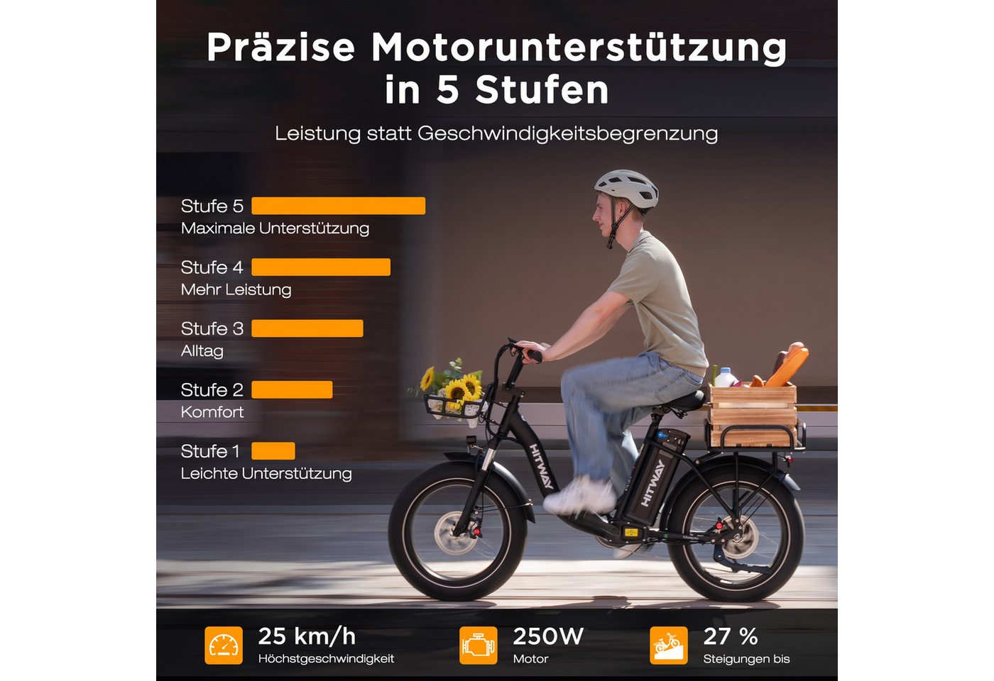 HITWAY E-Bike Cityrad 20*4,0 Zoll E-Lastenrad mit hydraulischer Scheibenbremse bis zu 160 km, 7 Gang shimano shimano Schaltwerk, Kettenschaltung, Heckmotor, 129 – Bild 5 von 5