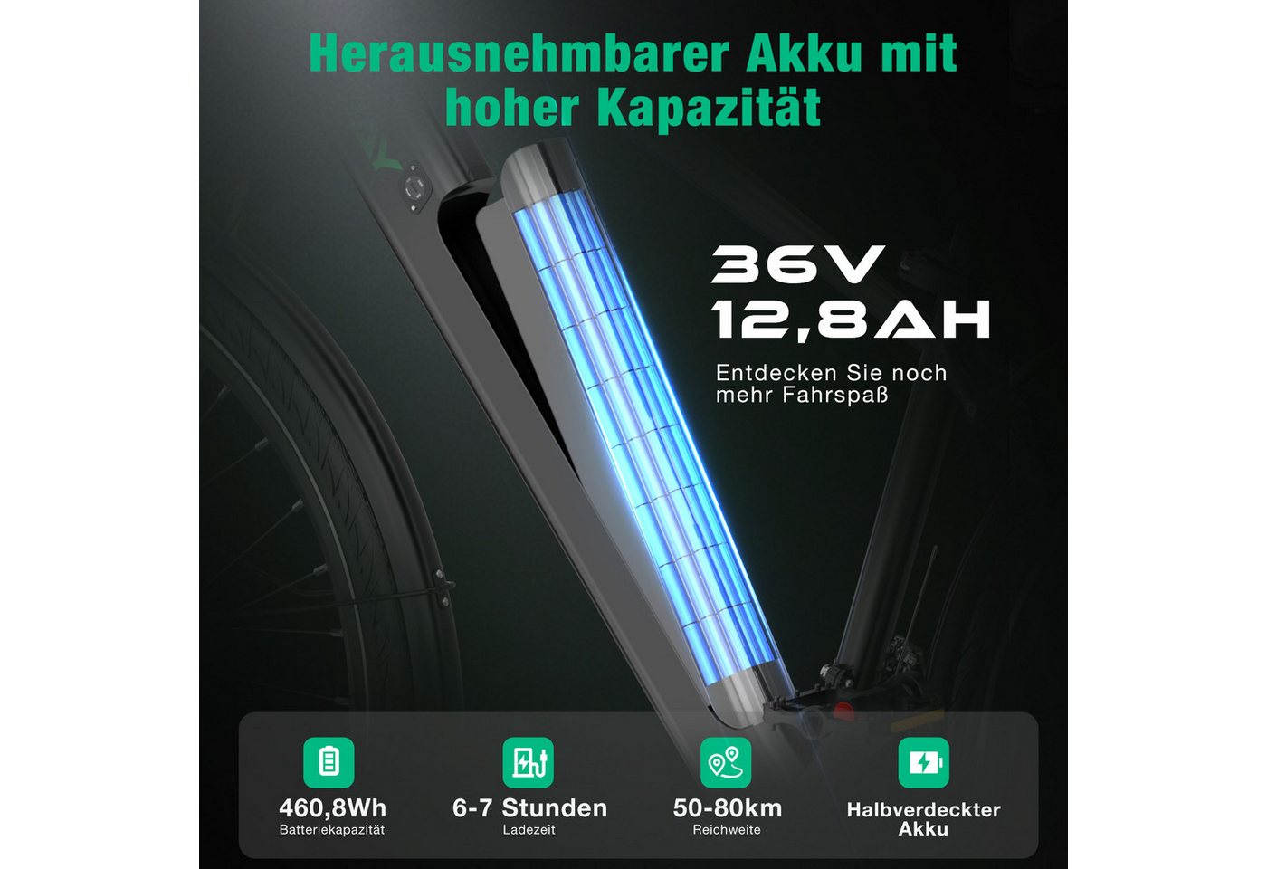HITWAY E-Bike Cityrad, Trekkingrad, Mountainbike 27,5 Zoll für Alltag & Touren 36V 12,8Ah, 50–80 km Reichweite NFC, 21 Gang shimano Schaltwerk, Kettenschaltung, – Bild 3 von 5