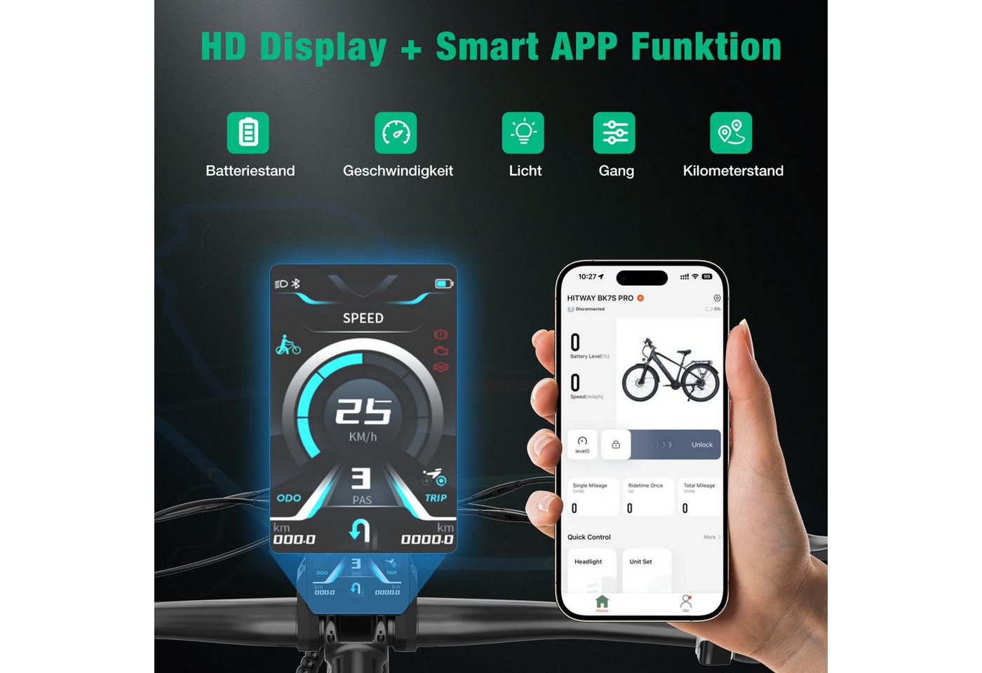 HITWAY E-Bike Cityrad, Trekkingrad, Mountainbike 27,5 Zoll für Alltag & Touren 36V 12,8Ah, 50–80 km Reichweite NFC, 21 Gang shimano Schaltwerk, Kettenschaltung, – Bild 4 von 5