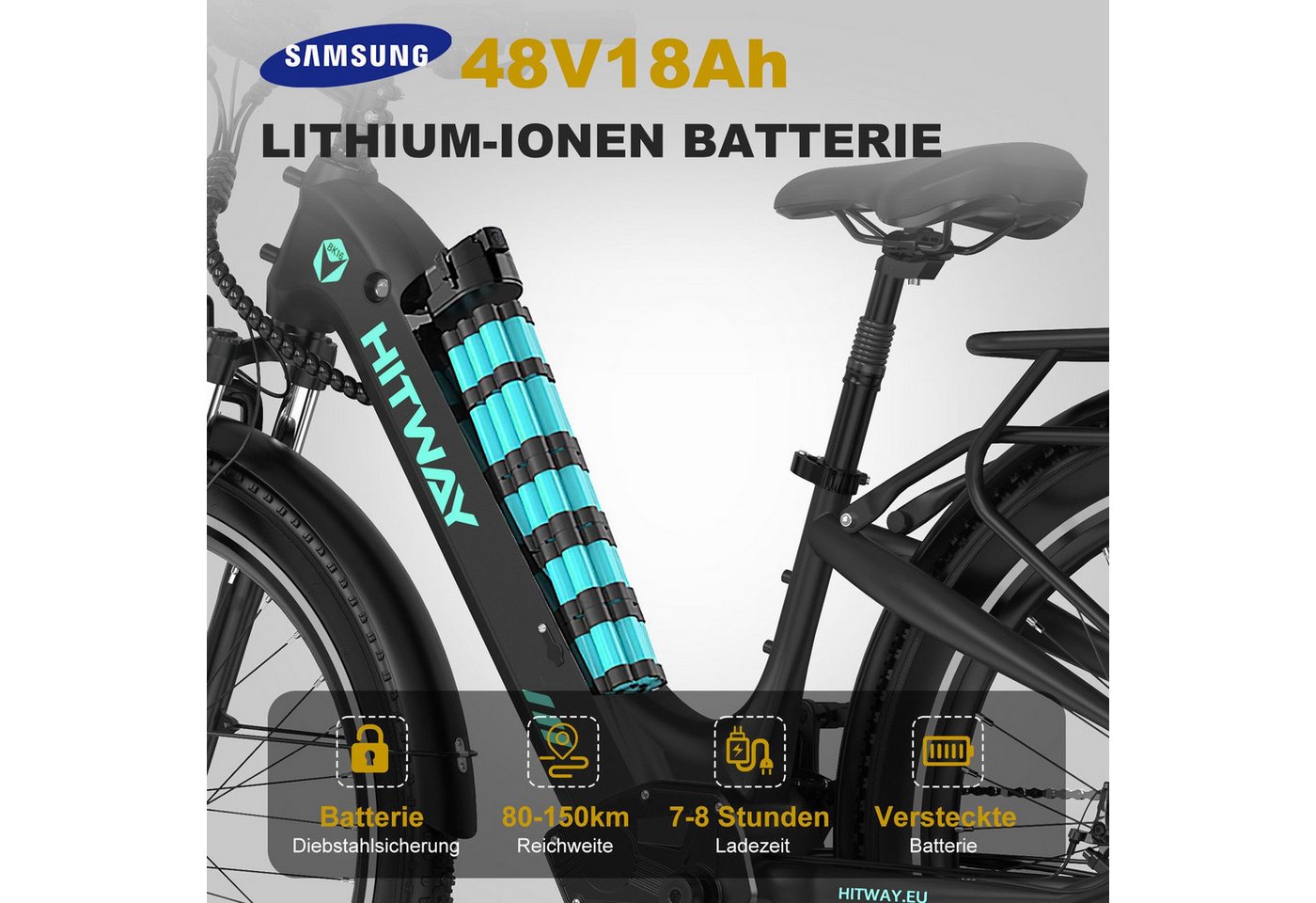 HITWAY E-Bike Pedelec 26 *3,0 zoll Elektrofahrrad mit Samsung 48V18Ah Akku bis zu 120km, 7 Gang shimano shimano Schaltwerk, Kettenschaltung, Heckmotor, 864 Wh,  – Bild 2 von 5