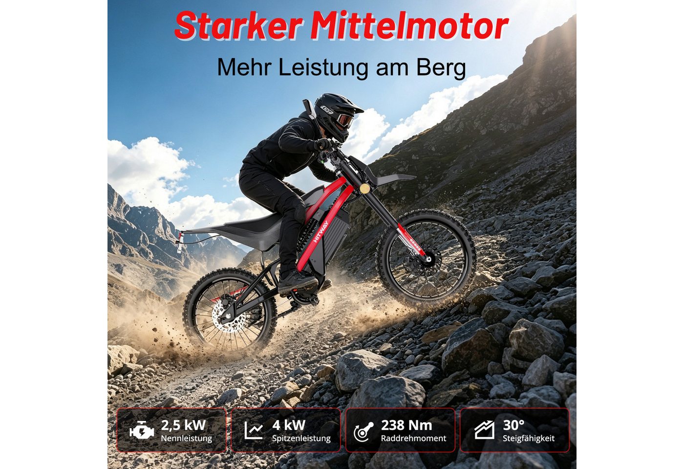 HITWAY E-Motorrad HT500 Elektro Motorrad (EEC L1e-B), 60V 27Ah, Hydraulikscheibenbremsen, 4000 W, 45 km/h, 238 Nm Rad-Drehmoment, 45–60 km Reichweite, Seitenstä – Bild 3 von 5