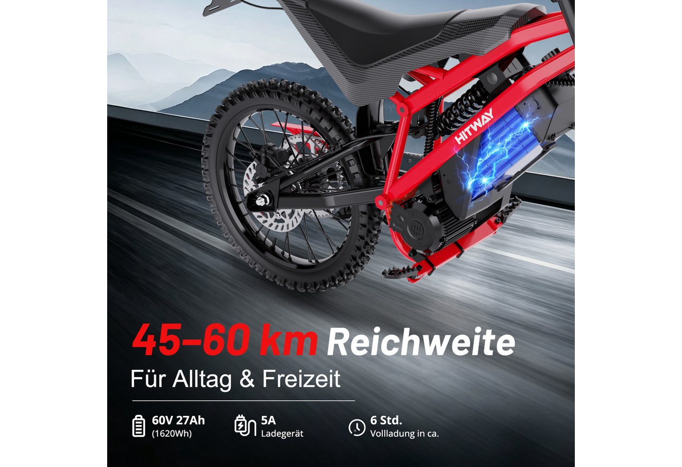 HITWAY E-Motorrad HT500 Elektro Motorrad (EEC L1e-B), 60V 27Ah, Hydraulikscheibenbremsen, 4000 W, 45 km/h, 238 Nm Rad-Drehmoment, 45–60 km Reichweite, Seitenstä – Bild 4 von 5