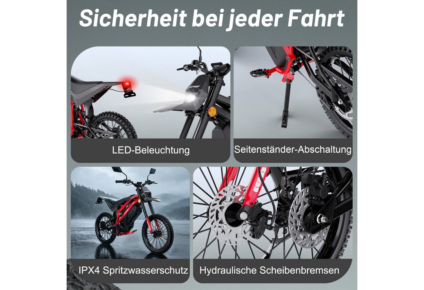 HITWAY E-Motorrad HT500 Elektro Motorrad (EEC L1e-B), 60V 27Ah, Hydraulikscheibenbremsen, 4000 W, 45 km/h, 238 Nm Rad-Drehmoment, 45–60 km Reichweite, Seitenstä – Bild 5 von 5