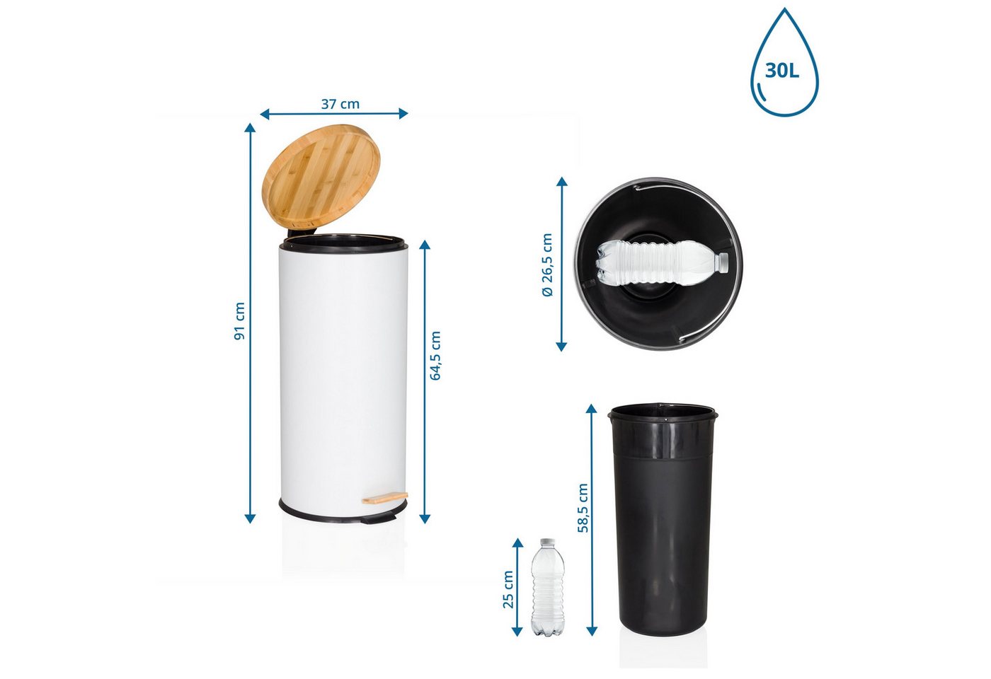 hjh OFFICE Mülleimer CLEAN BAMBOO Abfalleimer, Treteimer 30 Liter mit Softclose, Abfalleimer mit Bambusdeckel – Bild 5 von 5