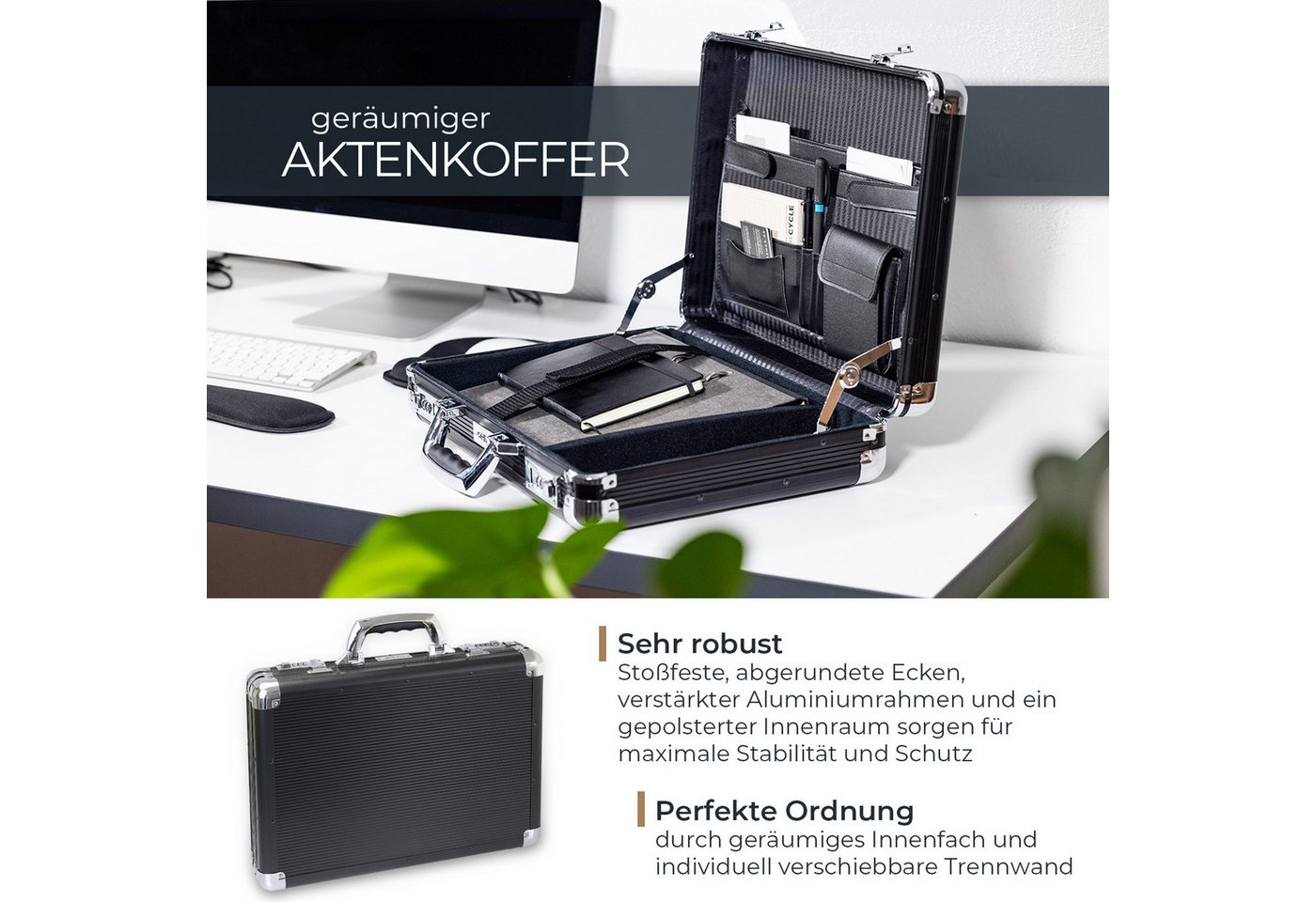 HMF Aktenkoffer Aktenkoffer Laptop bis 17,3 Zoll, Businesskoffer Herren Zahlenschloss, gepolstertem Laptopfach, Organizer im Deckel, 45 x 33 x 11 cm, Schwarz – Bild 2 von 5
