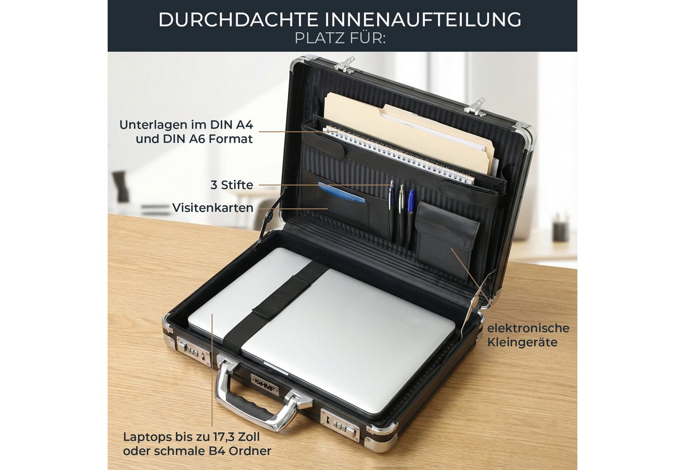 HMF Aktenkoffer Aktenkoffer Laptop bis 17,3 Zoll, Businesskoffer Herren Zahlenschloss, gepolstertem Laptopfach, Organizer im Deckel, 45 x 33 x 11 cm, Schwarz – Bild 3 von 5