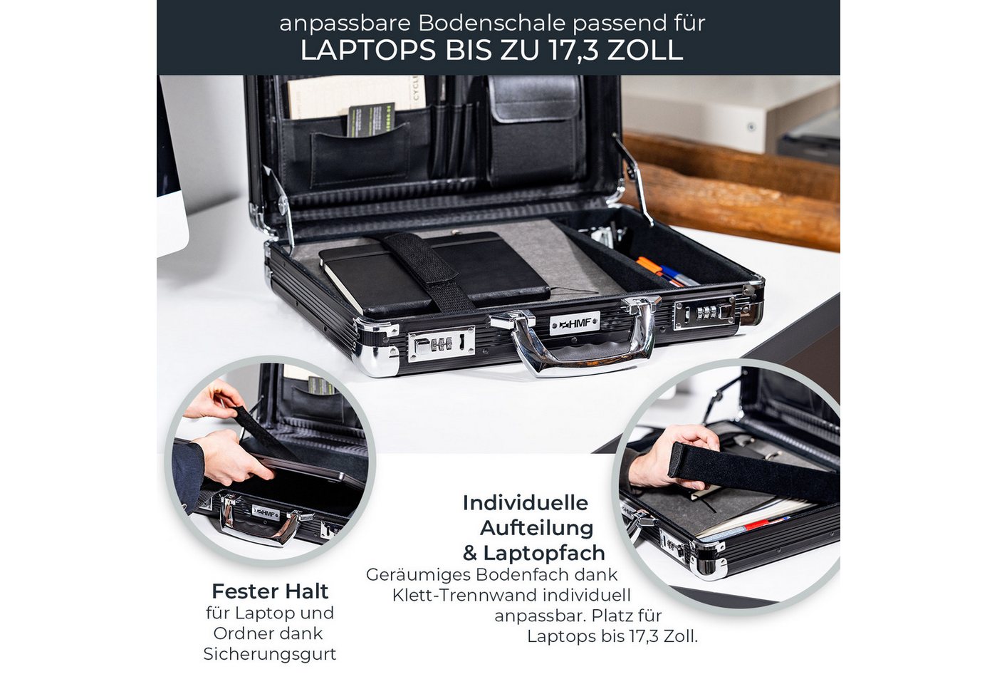 HMF Aktenkoffer Aktenkoffer Laptop bis 17,3 Zoll, Businesskoffer Herren Zahlenschloss, gepolstertem Laptopfach, Organizer im Deckel, 45 x 33 x 11 cm, Schwarz – Bild 4 von 5