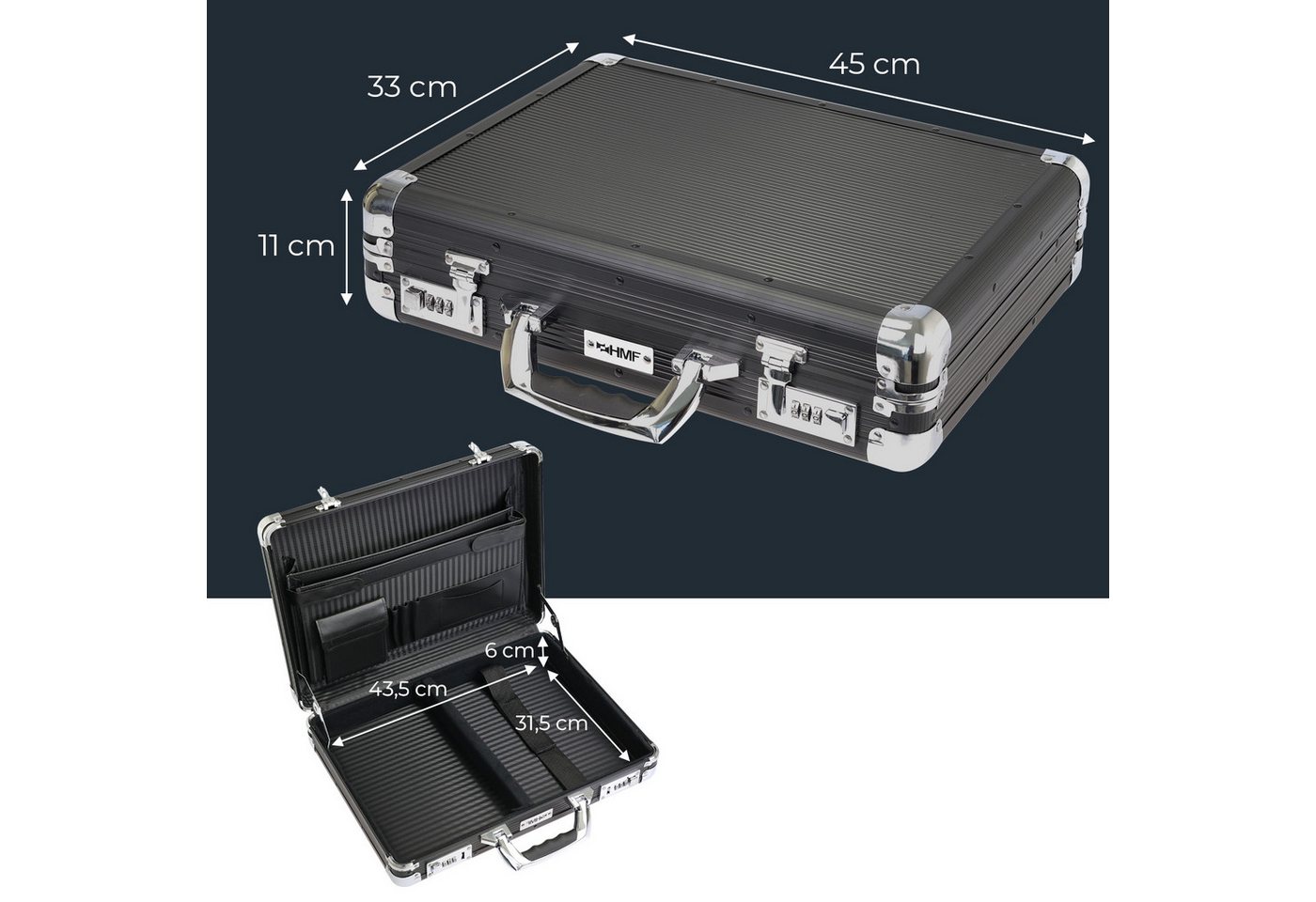 HMF Aktenkoffer Aktenkoffer Laptop bis 17,3 Zoll, Businesskoffer Herren Zahlenschloss, gepolstertem Laptopfach, Organizer im Deckel, 45 x 33 x 11 cm, Schwarz – Bild 5 von 5