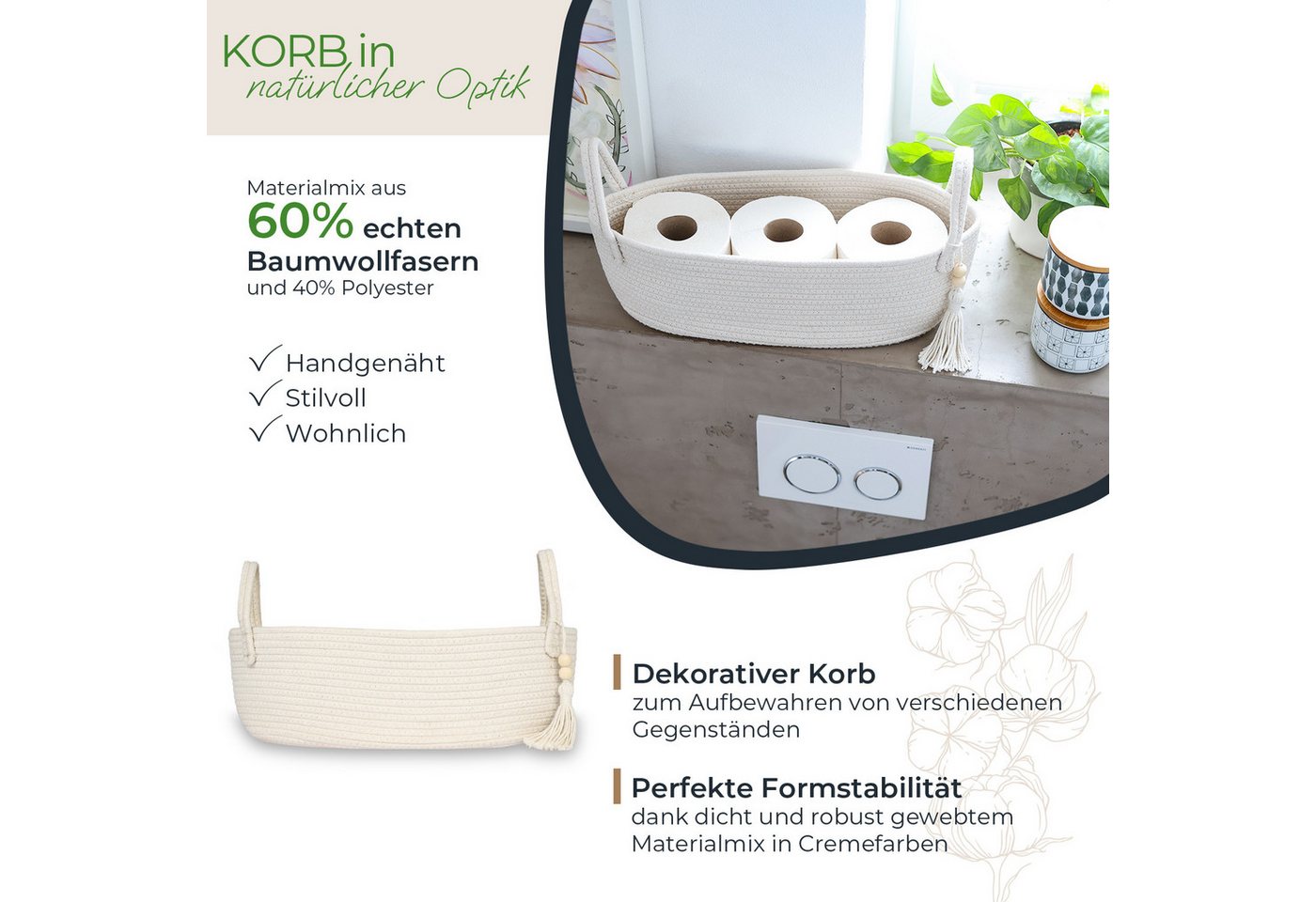 HMF Aufbewahrungskorb Aufbewahrungskorb Badezimmer, Korb für 3 Rollen Toilettenpapier, aus Baumwolle, Badezimmerkorb, 38,5 x 15,5 x 14 cm, Creme – Bild 2 von 5