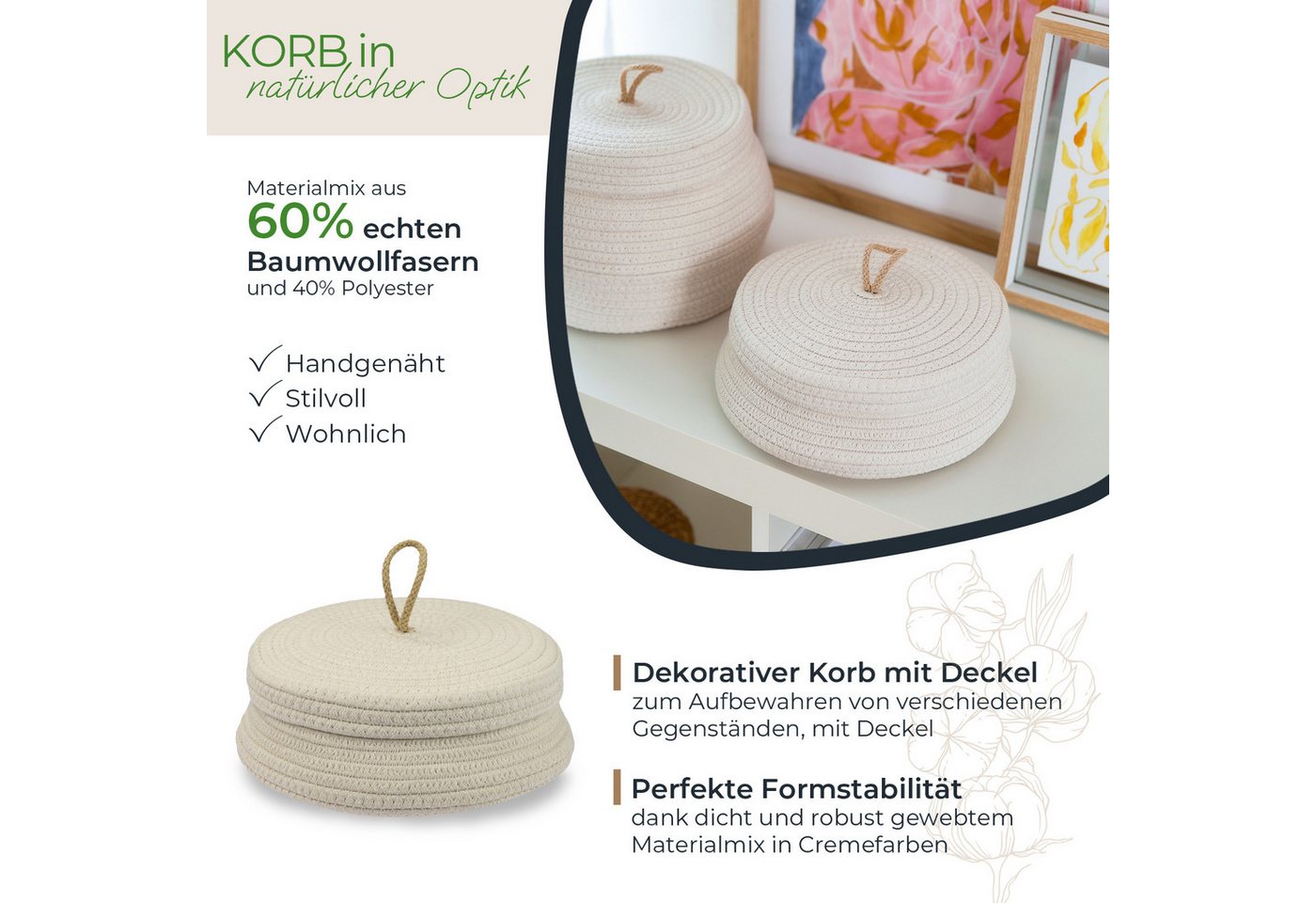 HMF Aufbewahrungskorb Aufbewahrungskorb Badezimmer rund, Korb mit Deckel, aus Baumwolle, Badezimmerkorb, Flach, 25,5 x 11,5 cm, Creme – Bild 2 von 5
