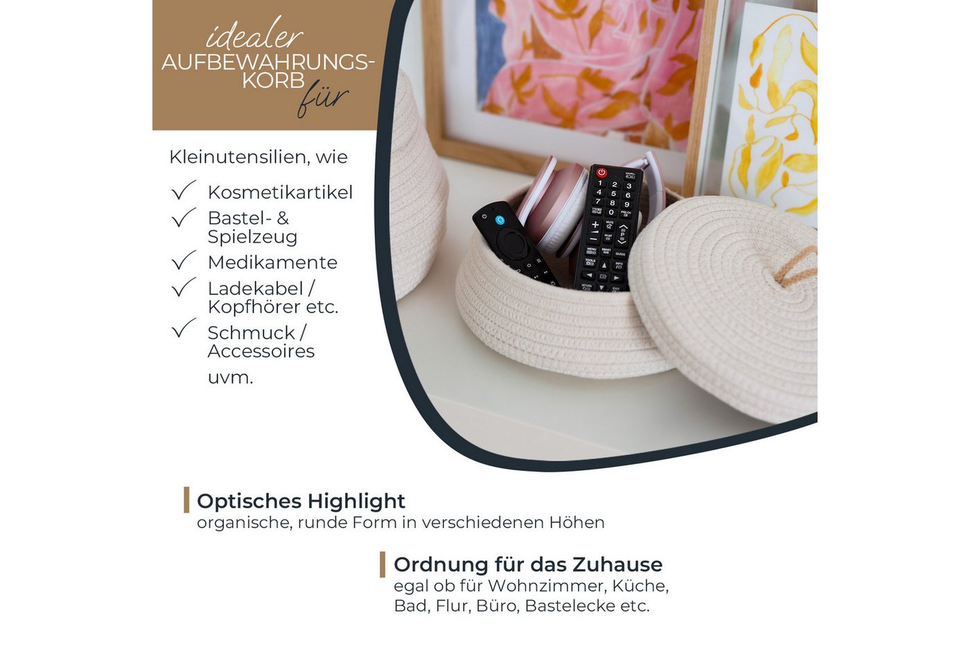 HMF Aufbewahrungskorb Aufbewahrungskorb Badezimmer rund, Korb mit Deckel, aus Baumwolle, Badezimmerkorb, Flach, 25,5 x 11,5 cm, Creme – Bild 3 von 5