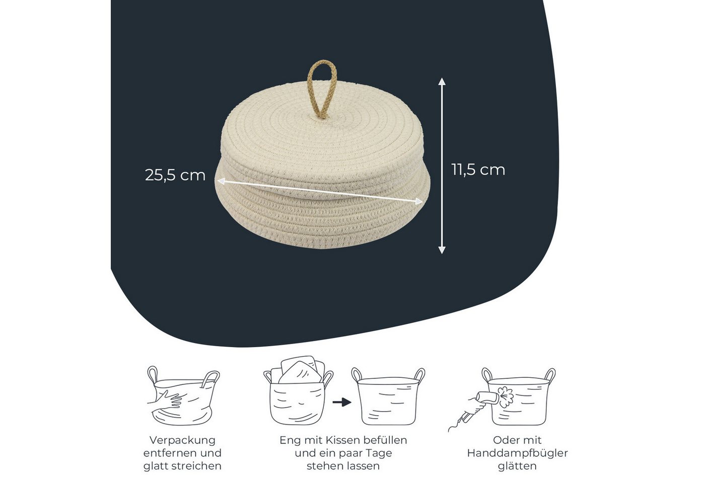 HMF Aufbewahrungskorb Aufbewahrungskorb Badezimmer rund, Korb mit Deckel, aus Baumwolle, Badezimmerkorb, Flach, 25,5 x 11,5 cm, Creme – Bild 5 von 5