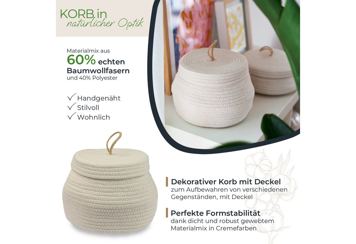 HMF Aufbewahrungskorb Aufbewahrungskorb Badezimmer rund, Korb mit Deckel, aus Baumwolle, Badezimmerkorb, Hoch, 25,5 x 19 cm, Creme – Bild 2 von 5