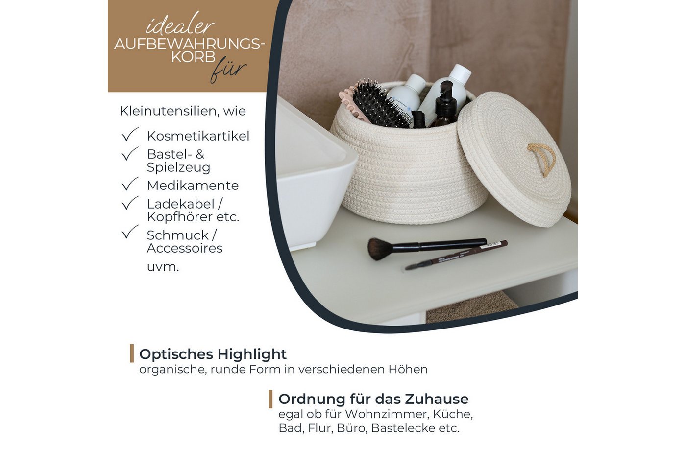HMF Aufbewahrungskorb Aufbewahrungskorb Badezimmer rund, Korb mit Deckel, aus Baumwolle, Badezimmerkorb, Hoch, 25,5 x 19 cm, Creme – Bild 3 von 5